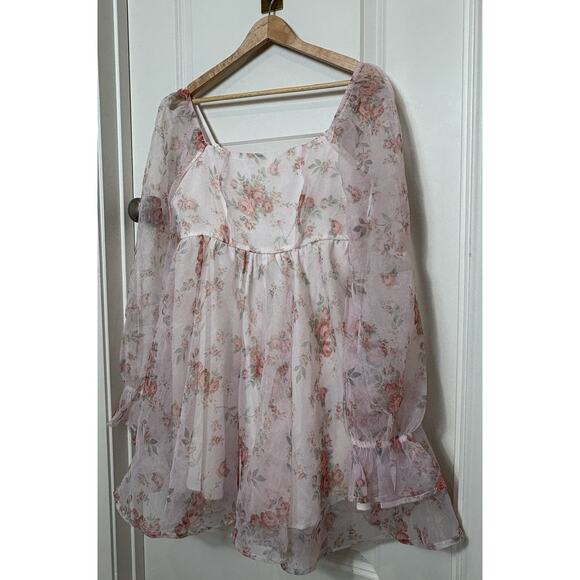 Floral Chiffon Mini Dress Pink White Puff Sleeve Babydoll Cottagecore M - Picture 9 of 16